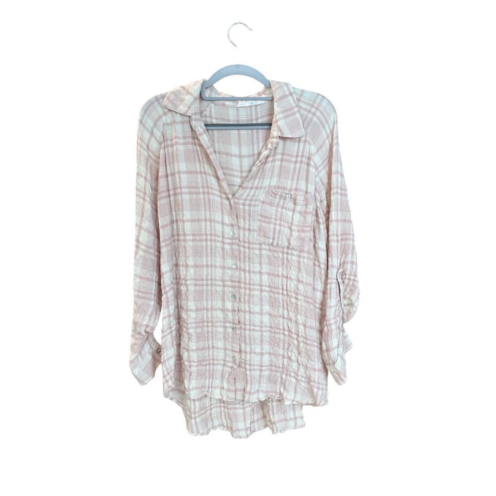 Jane + Delancey Crinkle Gauze Button Down Shirt Tunic Relaxed Fit Top Med